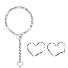 Geaanen Slip Chain Necklace Heart Slip Chain Necklace Heart Slip Chain Slip Chain Choker Punk Gothic Necklace Heart O-Ring Slip Chain Necklace for Women (Necklace + Earrings), Stainless Steel