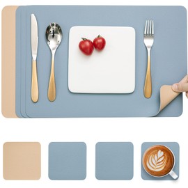 Myir JUN Leather Table Mats and Coasters, Dual-Sided Leather Placemats and Coasters Waterproof Placemats Set of 4 Place Mats Non-Slip Washable Table Mats (Beige Light-blue, Set of 4)