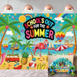 School's Out for The Summer Backdrop Hawaiian Tropical Beach End of School Year Party Theme Photography Background Kids Boys Girls Last Day of School Graduation Party Decor Banner Photo Props (7x5FT)