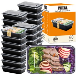 PIRTA 60 Pack 32 oz Meal Prep Containers Reusable with Lids, Food Safe, Leakproof, Microwave, Freezer, Dishwasher, To-Go Take Out, Plastic Food Storage Bento Lunch Box