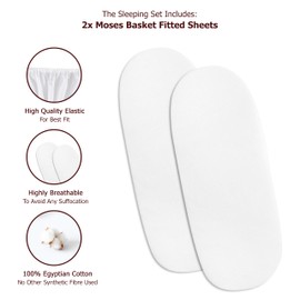 3 Pcs Moses Basket Fitted Sheets - 100% Pure Cotton 2 Fitted Sheets + 1 Waterproof Mattress Protector with 145 GSM Terry Fabric (73-76 x 28-30 cm, White)