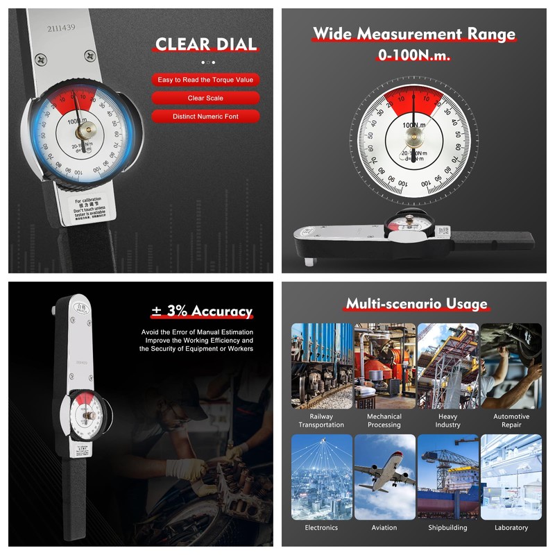 QUEMARQUE Dial Torque Wrench 0-100Nm, 1/2" Drive Precision Tool, ±3%