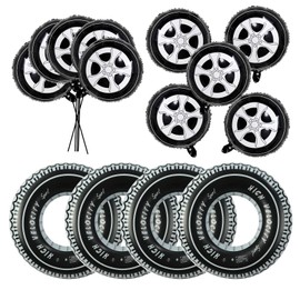 Pack of 14 Racing Car Birthday Party Accessories, Includes 4 Swimming Rings Inflatable Tyre Floats for the Pool with 10 Wheel Balloons 18 Inch Racing Car Balloons for Birthday Parties with Car Motto