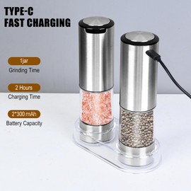Electric Salt and Pepper Grinder Set, 2Pack Stainless Steel Rechargeable Pepper Grinder with Large Capacity Container, Automatic Pepper Shakers with Adjustable Coarseness, LED Light and Base