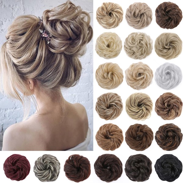 S-noilite 2Pcs Messy Bun Hair Piece Wavy Messy Hair Bun Extensions Scrunchies Thick Updo Synthetic Hair Scrunchy Easy Chignon Ponytail Hairpiece for Women Girls Ash Blonde