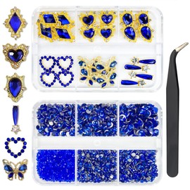 24pcs Blue Luxury Nail Charms +2000pcs Sapphire Rhinestones 3D Big Nail Gems K9 Glass Royal Blue Nail Crystals Diamonds Jewelry Stones Alloy Nail Art Studs Decor Supplies Heart Charms for Nails Crafts