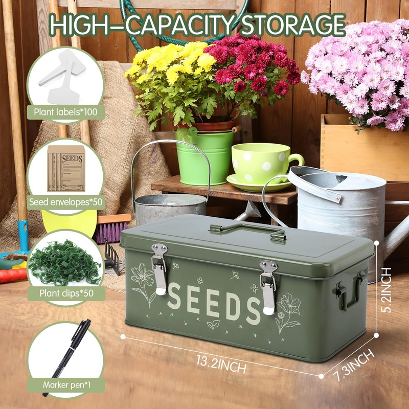 Cinpode Seed Storage Organizer, Seed Saving Box with Lid, Metal