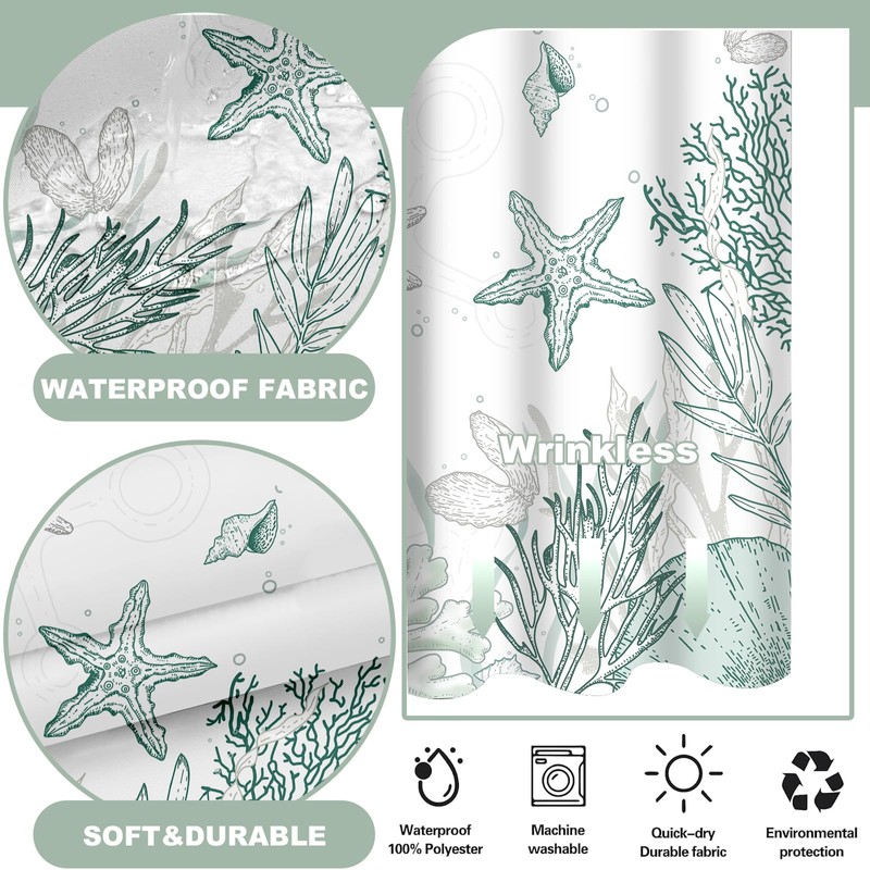 TWLSNCD No Hook Shower Curtain with Snap in Liner, Beach