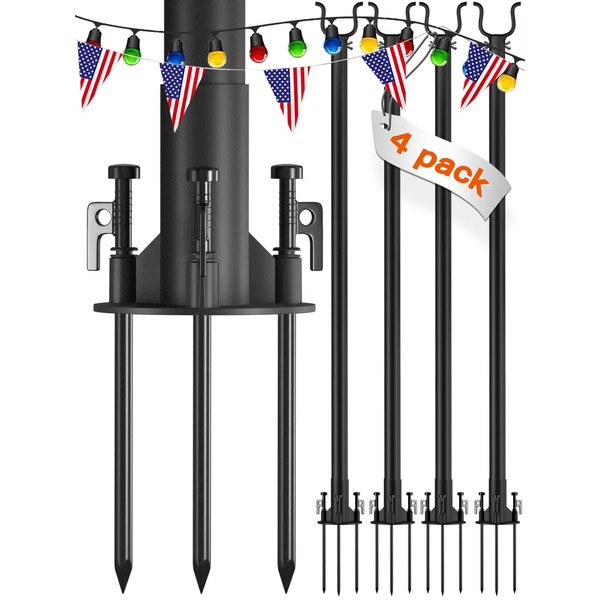addlon 4 Pack String Light Poles Pro 10ft, Aluminum Waterproof Harder Outdoor Poles with Hooks for Hanging String Lights for Patio, Garden, Wedding, Parties - Classic Black