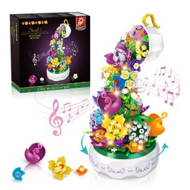 HOGOKIDS Flowers Music Box Building Block Kit with Light- 571PCS Botanical Collection Rotating Music Box Building Blocks Set | Valentine's Day, Birthday Gift for Girls Boys Couples Adults Kids Ages 6+