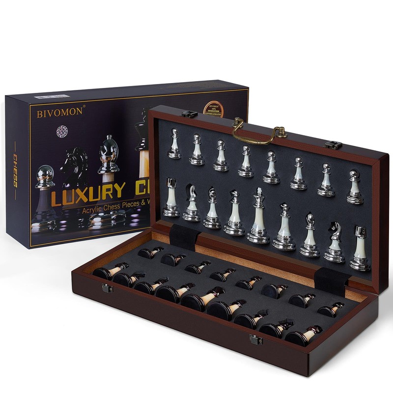 Deluxe Chess Set 16.5'' Wooden Large Folding Chess Board Game