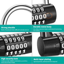 Zinc Alloy U-Shape Padlock, 5 Digit Dial Combination Password Code Lock, Resettable Heavy Duty Waterproof Indoor/Outdoor Lock for Gym, Work & School Lockers, Gates, Fence & Shed