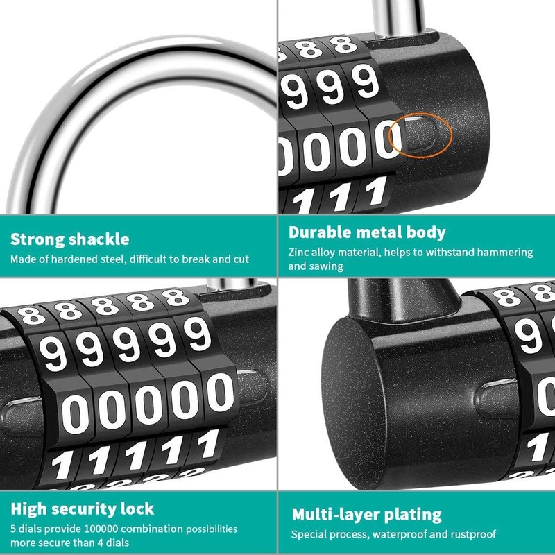 Zinc Alloy U-Shape Padlock, 5 Digit Dial Combination Password Code