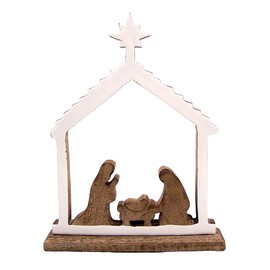 Wooden Nativity Scene with White Enamel Trim, Freestanding Tabletop Decoration, Holiday Decor, 12.75 Inches