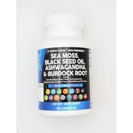 Sea Moss Black Seed Oil Ashwagandha Turmeric Bladderwrack Burdock & Vitamin C Vitamin D3 with Elderberry Manuka Dandelion Yellow Dock Iodine Chlorophyll ACV - 3Pack