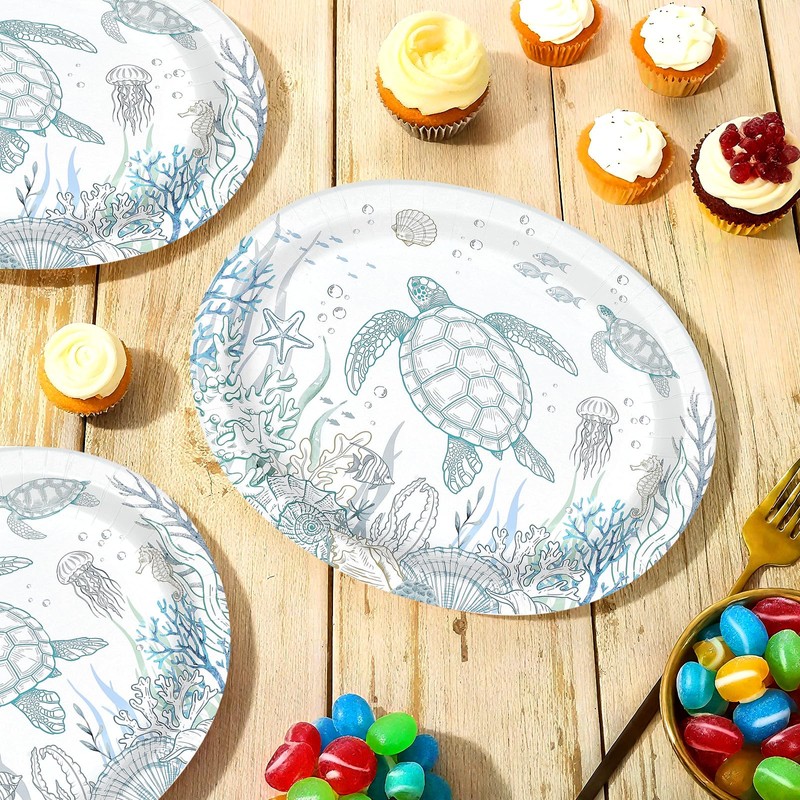 50Pcs Coastal Turtle Ocean Green Large Oval Paper Plate 12