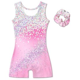 Kinberr Gymnastics Leotards for Girls One Piece Quick Dry Unitard Biketards with Shorts Sparkly Pink Galaxy Bodysuits Outfits