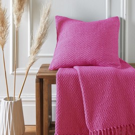 Drift Home - Pink Throw with Tassel (180 x 130cm) - Sustainable Recycled Cotton - Woven Blanket in Pink - Basket Weaved - Textured Sofa Throw Blanket Pink - Pink Blanket/Bed Throw Large
