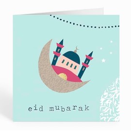 Islamic Moments Eid Mubarak Mosque Greeting Card in Aqua with Crescent Moon and Pink Masjid