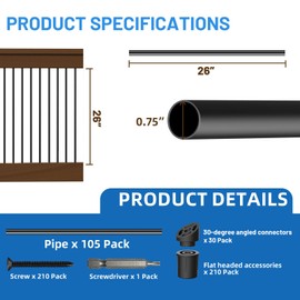 56 Pack 26 inch Aluminum Balusters for Deck Railing,Black Round Metal Spindles for Staircase,3/4" Diameter Hollow Deck Ballasters with Screws and Connectors for Railing Fencing Porch Stair Spindles