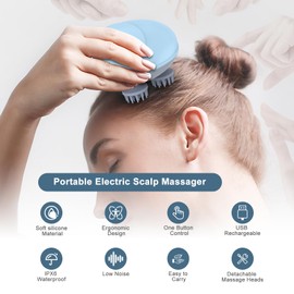 Ankilo Electric Head Massager, Wireless Hand Massager with 4 Kneading Heads, Interchangeable, Scalp Massager, IPX7 Waterproof Cat Massager, for Full Body Massage, Dog Body Blue