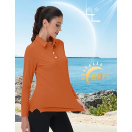 MAGCOMSEN Golf Polo Shirts for Women Long Sleeve Rash Guard Tees Quick Dry Running Sports Stretch T-Shirts with Buttons Dark Orange,S