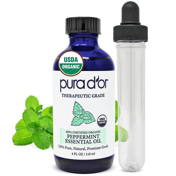 PURA D'OR Organic Peppermint Essential Oil (4oz with Glass Dropper) 100% Pure & Natural Therapeutic Grade for Hair,Body,Skin,Aromatherapy Diffuser,Massage,Refreshens,Energy,Mood,Home,DIY Soap