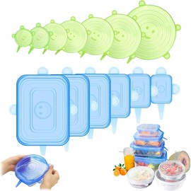 12 Piezas Tapas De Silicona Elasticas Reutilizables, Adecuado Para El Almacenamiento De Alimentos En Refrigeradores y Microondas, Adaptado a Diferentes Envases(6 Verdes Redondos y 6 Azules Cuadrados)