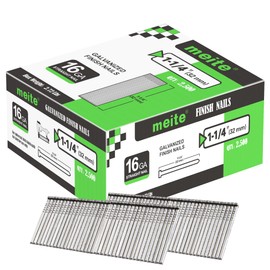 meite 16 Gauge Finish Nails, 1-1/4-Inch 16GA Straight Finish Nails Galvanized Finishing Nails for Electric or Pneumatic Nailer Guns (2,500 Counts)