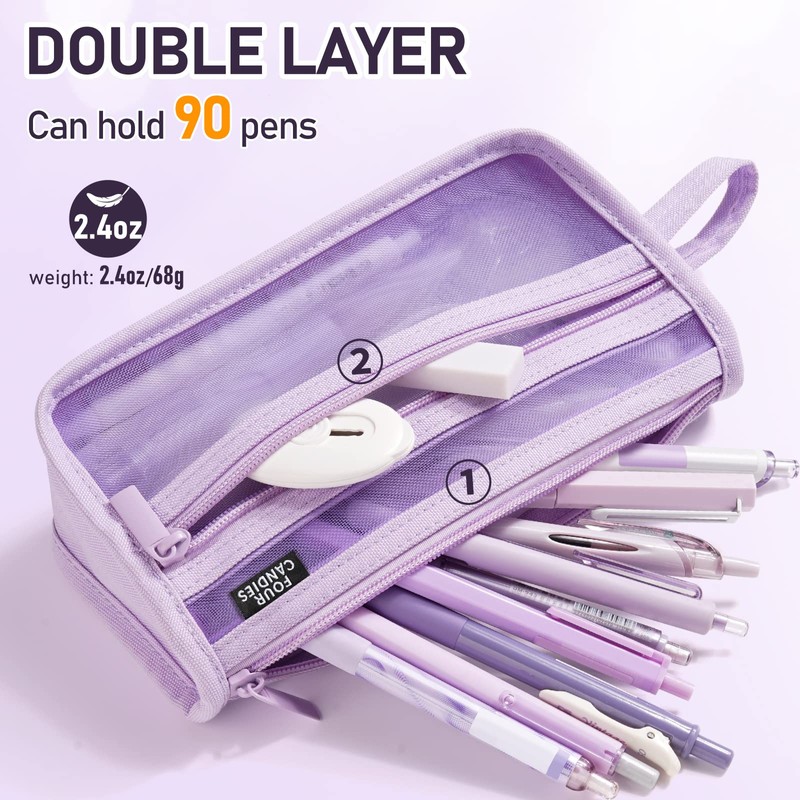 Four Candies Mesh Pencil Case with Handle and Zipper, blue,