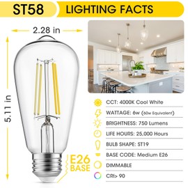 Gozelux Edison Light Bulbs 60W Equivalent, Dimmable Vintage LED Light Bulbs, E26 Medium Base, Cool White 4000K, ST58, 6W, 750LM, 90+ CRI, Antique Decorative Filament LED Bulb, Clear Glass, Pack of 4