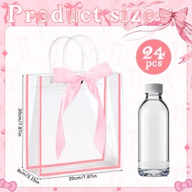 MotiMind 24 PCS Clear Gift Bags with Handle Ribbon, Transparent Plastic Gift Goodie Bags Bulk Reusable Party Favors for Birthday Party Wedding Baby Shower Mother's Day (Pink)