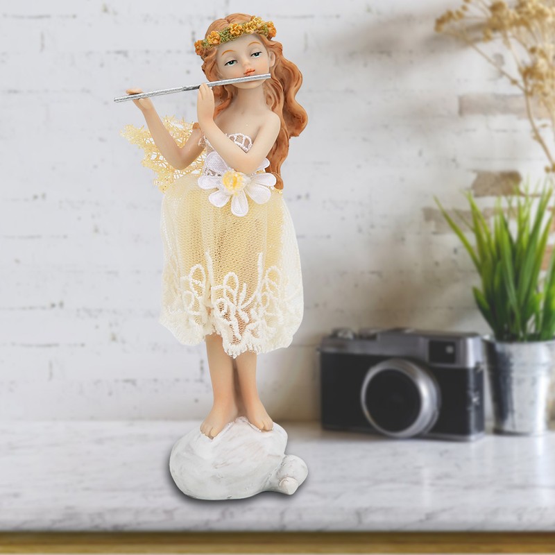 Flower Fairy Playing Flute Figurine Elegant Angel Statue Resin Desk