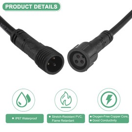 M METERXITY 2-Pack Waterproof Extension Cable, 3 Pin 6.56 Ft/2m Extension Cord Wire with 22AWG IP67 Male and Female Connectors for Outdoor Spotlights/LED Deck Lights [Black]