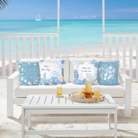 COZZSNUGE Summer Coastal Cushion Covers Starfish Seashell Conch Coral Blue Velvety Decorative Pillowcases for Sofa Bed Home Patio 45 x 45 cm Set of 4