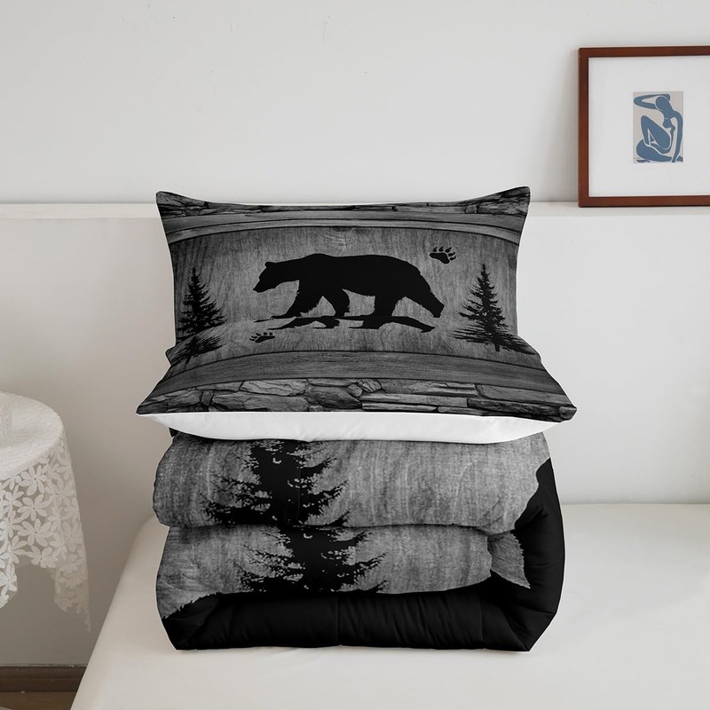 Manfei Rustic Bear Comforter Set Queen Size, Black Trees Deer
