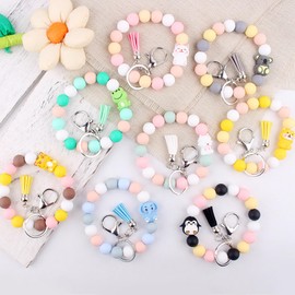 Animals Beaded Silicone Bracelet Wristlet Keychain, Cat Dog Elephant Lamb Tiger Penguin Koala Frog Bangle Keyring for Women (Penguin)