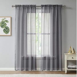 LinenZone - Waves Design Lace Semi Sheer Curtains - Set of Two Panels - Rod Pocket Voile Curtain for Living Room Bedroom and Kitchen (2 Panels 54 x 108, Grey)