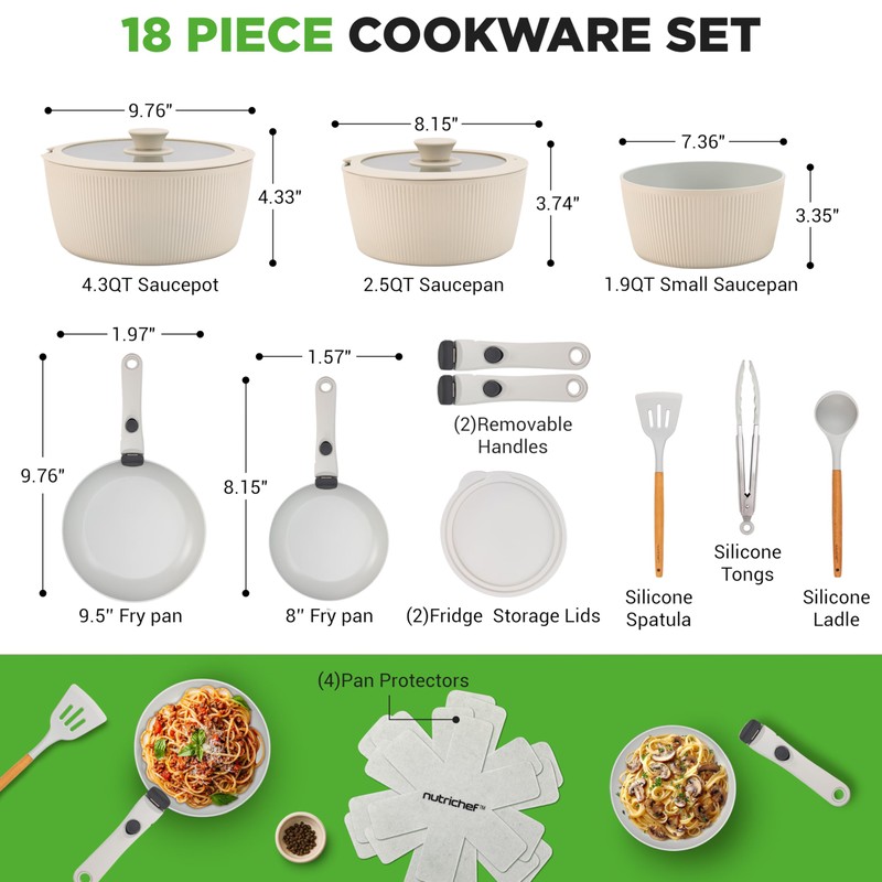NutriChef 18-Piece Ceramic Cookware Set with Detachable Handles, Non Stick