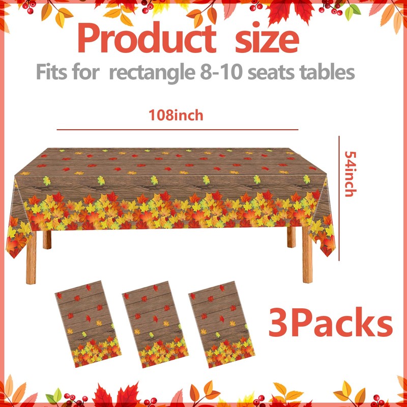 BCCSNNM 3 PCS Fall Tablecloth Plastic Autumn Thanksgiving Tablecloths,Disposable Fall