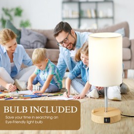 Briever Touch Control Table Lamp for Bedroom, 3-Way Dimmable Nightstand Lamp with USB Charging Ports, Bedside Desk Lamp with Woodgrain Phone Stand & Linen Fabric Shade, Bulb Included