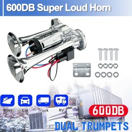 Train Horn for Truck 600DB, Super Loud Car Electric Horn With Compressor Replacement, 12V Dual Trumpets Air Horn Kit For Truck Boat Train Speaker Cars Van Ship