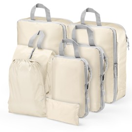 Compression Packing Cubes 7-teiliges Set mit Multi-Fach-Reisetasche, wasserdichte Koffer-Organizer-Taschen, Reiseverpackungswürfel für Koffer, Verpackung & Aufbewahrung für Gepäck (Beige)