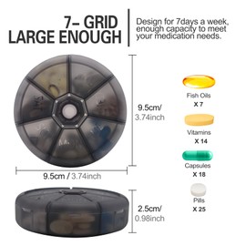 Portable Weekly Pill Organizer 7 Day Pills Container, Round Pill Case Travel Friendly, Daily Week Pill Reminder Case, BPA-Free Vitamin, Supplement, Fish Oil, Medication Planner (Black)