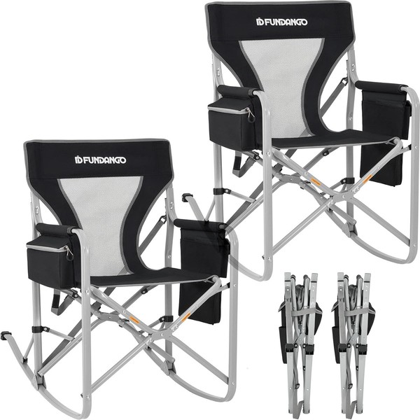 FUNDANGO Camping Rocking Chairs Portable Outdoor Rocker Director Chair with Carry Bag for Outdoor, Porch, Backyard, Patio, Lawn, Garden（Black/Grey）