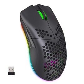 Drahtlose Gaming Maus, 2,4G Superleichte Wabenschale Ergonomische RGB-Mäuse mit 750mAh Akku, Energiesparendes Design, 6 Tasten und Mini-USB-Empfänger für Windows, Mac OS, Laptop, Smart-TV(Schwarz)