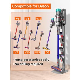 boailydi Vacuum Stand Compatible with Dyson Gen5 V15 V12 V11 V10 V8 V7 V6, Heavy Base Metal Vacuums Attachment Holder with 4 Hooks, Hidden Cord Management & Storage Bracket for Dyson Cordless Vacuums