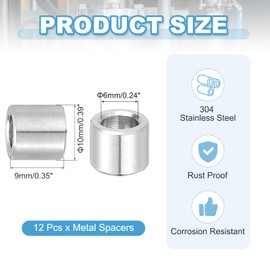 PATIKIL 12 Pcs Stainless Steel Spacers, 6mm ID x 10mm OD x 9mm Height 304 Stainless Steel Bushing Screw Standoff Unthreaded Round Spacer for 1/4"M6 Screws Bolts Nuts