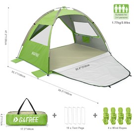 G4Free Portable Beach Tent 2-3 Persons Sun Shade Shelter UPF 50+ Sport Umbrella Canopy with Extendable Floor Foldable Lightweight