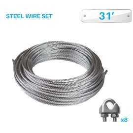 Patio Paradise Shade Sail Hardware Kit 31-Feet Wire Rope and 8 Pcs Clamps Coated Steel Cable 3/16" 7x19 Stand Core,Cable Railing Outdoor Light Guide Wire